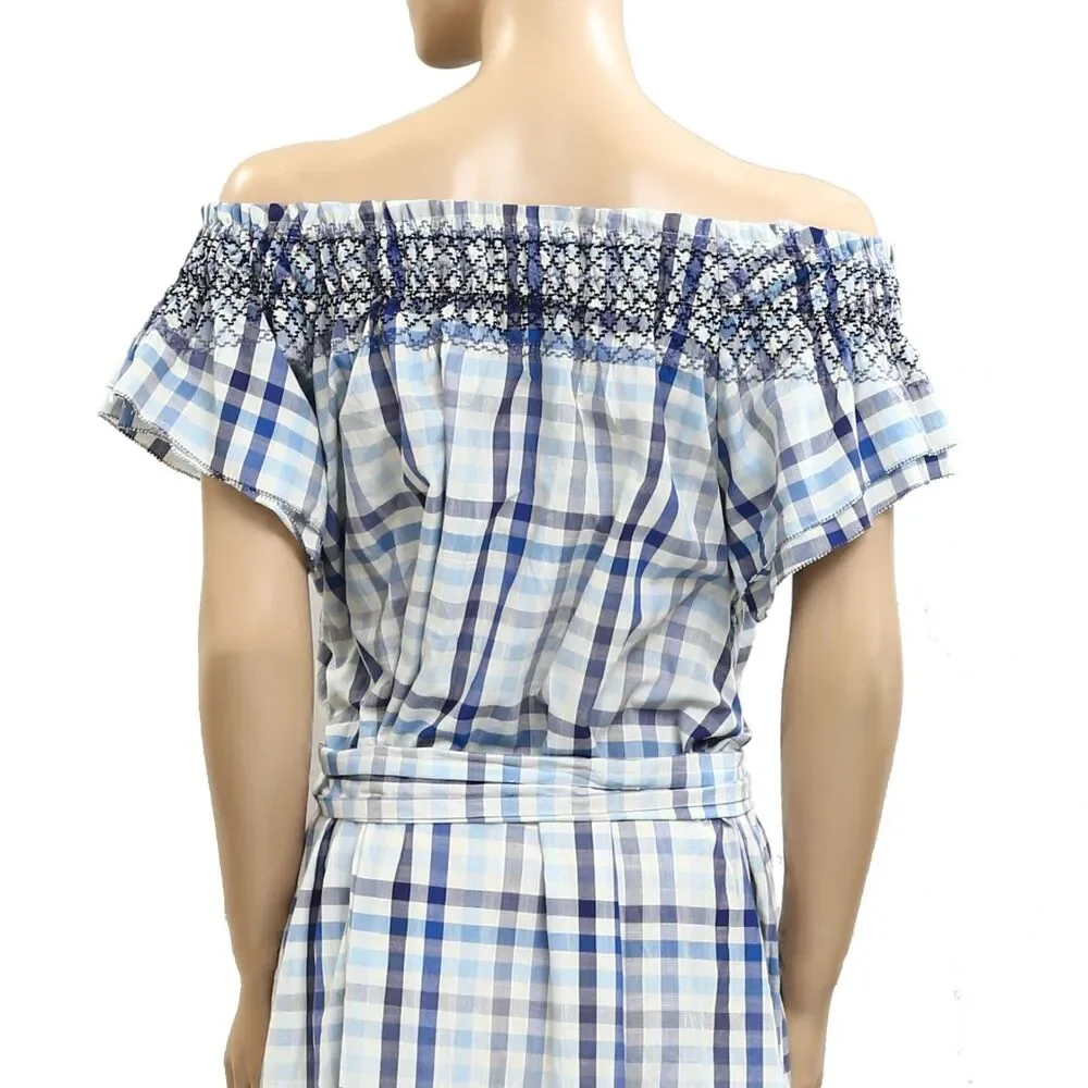 The Great. Plaid Printed Long Maxi Dress Ruffle Off The Shoulder Cotton S 282162